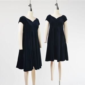 Vintage 90s Black Cotton Velvet Empire Waist Fit and Flare Babydoll Dress XS S